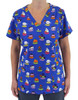 A women's v-neck top in blue featuring a playful print of cute characters in various colours. The top has a logo.