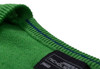 A close-up of a green ladies' V-neck cardigan with blue stitching and a tag featuring a logo.