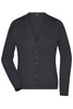 A dark grey ladies V-neck cardigan with a button-up front and long sleeves, featuring a subtle branding.