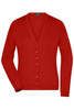 A red ladies' v-neck cardigan with long sleeves and a button-down front, featuring a logo.
