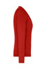 A red ladies V-neck cardigan displayed from the side, featuring long sleeves and a fitted silhouette.
