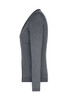 A grey ladies' v-neck cardigan with long sleeves displayed from the side, featuring a subtle logo.