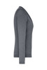 A grey ladies v-neck cardigan displayed side-on, featuring long sleeves and a simple design.