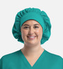 A unisex bouffant scrub cap in vibrant teal, featuring a gathered design for a comfortable fit.