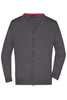 A grey men's V-neck cardigan featuring a button-down front and an inner red trim, with a logo on the label.