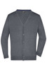 A grey men's V-neck cardigan featuring a button-up front and long sleeves. It has a logo on the label.