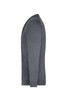 A grey men's v-neck cardigan displayed from the side, featuring a button front and long sleeves.