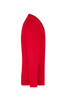 A red men's v-neck cardigan displayed from the side, featuring a fitted design and long sleeves.