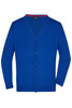 A men's v-neck cardigan in vibrant blue with a button-up front and long sleeves. Features a logo on the label.