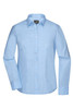 A light blue button-up shirt for women, featuring a collar and long sleeves. It has a logo on the label.