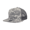 A high-profile structured trucker cap in grey camouflage with a mesh back and a logo.