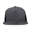 A grey high-profile structured trucker hat with a black mesh back and a logo on the front.