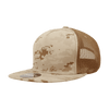 A beige camouflage caps with a structured high profile design and a mesh back. It features a logo.