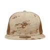 A high-profile structured trucker cap in a tan and brown camouflage pattern with a branded logo.