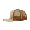 A structured 5 panel trucker cap with a camouflage pattern and a brown mesh back. It features a logo on the side.