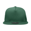 A dark green 5-panel high profile structured trucker cap featuring a solid front and mesh back, with a logo on the brim.