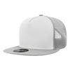 A white and grey 5 Panel High Profile Structured Trucker cap featuring a mesh back and a logo.