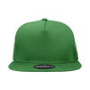 A green 5 panel high profile structured trucker cap with a flat brim and a branded logo.