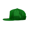 A green 5 Panel High Profile Structured Trucker hat with mesh back and a logo.