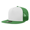 A high-profile structured trucker cap featuring a white front and green mesh back with a logo on the side.