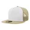 A structured trucker cap in white and khaki with a mesh back and a logo on the side.