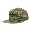 A structured, high-profile trucker cap in camouflage pattern with a mesh back and a flat brim.