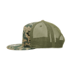 A high-profile structured trucker cap in camouflage patterns with a khaki mesh back and a curved brim.