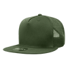 A green 5-panel high profile structured trucker cap with a mesh back and a branding logo.