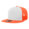 A high-profile structured trucker cap featuring a white front and bright orange mesh back. It includes a logo on the side.
