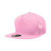 A pink 5 panel high profile structured trucker cap with a mesh back and a logo.