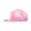 A pink 5 panel high profile structured trucker hat with a mesh back and a branded logo.