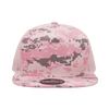 A pink camo trucker cap with a structured high profile and mesh sides, featuring a logo on the front.