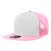 A high-profile structured trucker cap featuring a white front and pink mesh back. Includes a logo on the brim.
