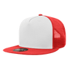 A high profile structured trucker cap featuring a white front and red mesh sides and back, with a logo on the side.