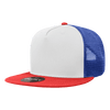 A structured trucker cap in white, red, and blue, featuring a mesh back and a front panel with a logo.