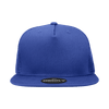 A blue 5-panel high profile structured trucker cap with a flat brim and a branded logo on the front.