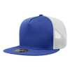 A blue high-profile structured trucker hat with a white mesh back and a black circular badge on the brim.
