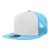 A high-profile structured trucker cap featuring a white front and light blue mesh sides and brim, with a logo.