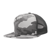 A grey and white camouflage cap with a structured high profile and mesh backing. Features a logo.