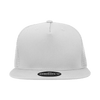A white 5 Panel High Profile Structured Trucker cap with a mesh back and a logo on the front.
