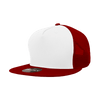 A red and white 5-panel high-profile structured trucker cap with a logo on the side.