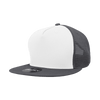 A high-profile structured trucker cap featuring a white front and grey mesh sides, with a logo on the brim.