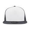 A structured trucker cap featuring a white front and dark grey mesh back with a logo on the front.