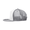 A high-profile structured trucker cap in white and grey with a mesh back and a flat brim.