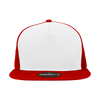 A red and white five-panel high profile structured trucker cap with a logo on the front.