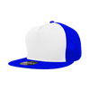 A blue and white 5 panel high profile structured trucker cap with a mesh back and a logo on the front.