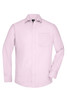 A light pink button-up shirt with a single chest pocket and long sleeves, featuring a logo.