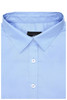 A light blue button-up ladies shirt made from micro-twill fabric, featuring a collar and buttons.