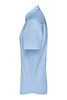 A light blue ladies button-up shirt with short sleeves, featuring a logo on the chest.