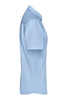 A light blue ladies button-up shirt made of micro-twill, featuring short sleeves and a collar. It has a logo.